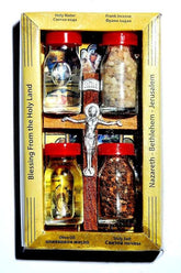 Home Blessing Kit with bottles of holy water, frankincense, olive oil, holy soil, and an olive wooden cross from Jerusalem and Bethlehem